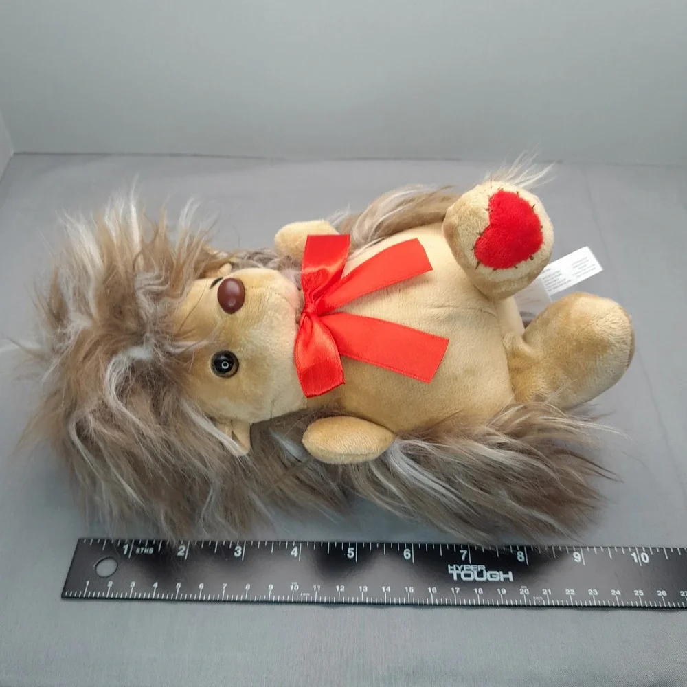 The Petting Zoo Hedgehog Plush Red Bow Heart Recycled Materials Tan Brown 9